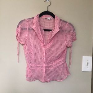 Pink polka dot banana republic sheer buttondown cinched shoulders